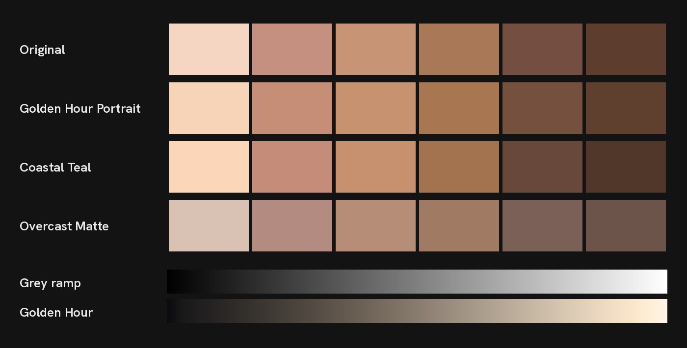 Six skin samples before and after three looks, and a grey ramp